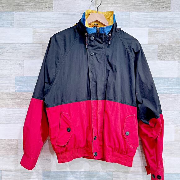 Swingster Vintage Colorblock Windbreaker Jacket Black Red Hooded Mens Medium - Picture 1 of 9